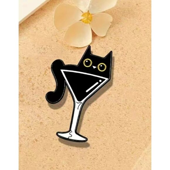 Cartoon Cat In Martini Glass Animal Black White Enamel Pin, - Perfect Gift - Picture 1 of 4
